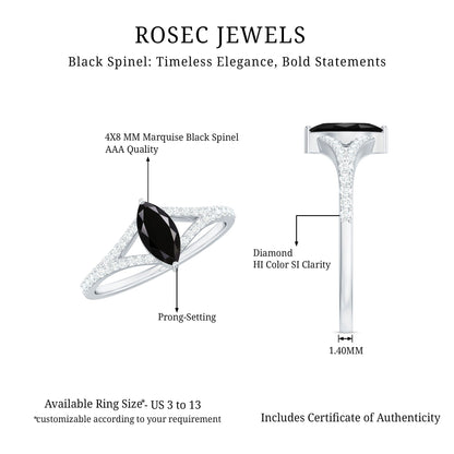 Minimal Black Spinel Marquise Engagement Ring with Diamond Split Shank