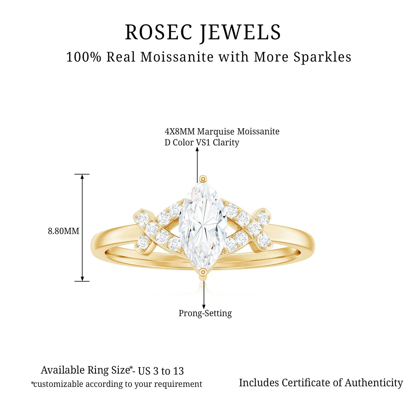 Certified Moissanite Marquise Engagement Ring for Women