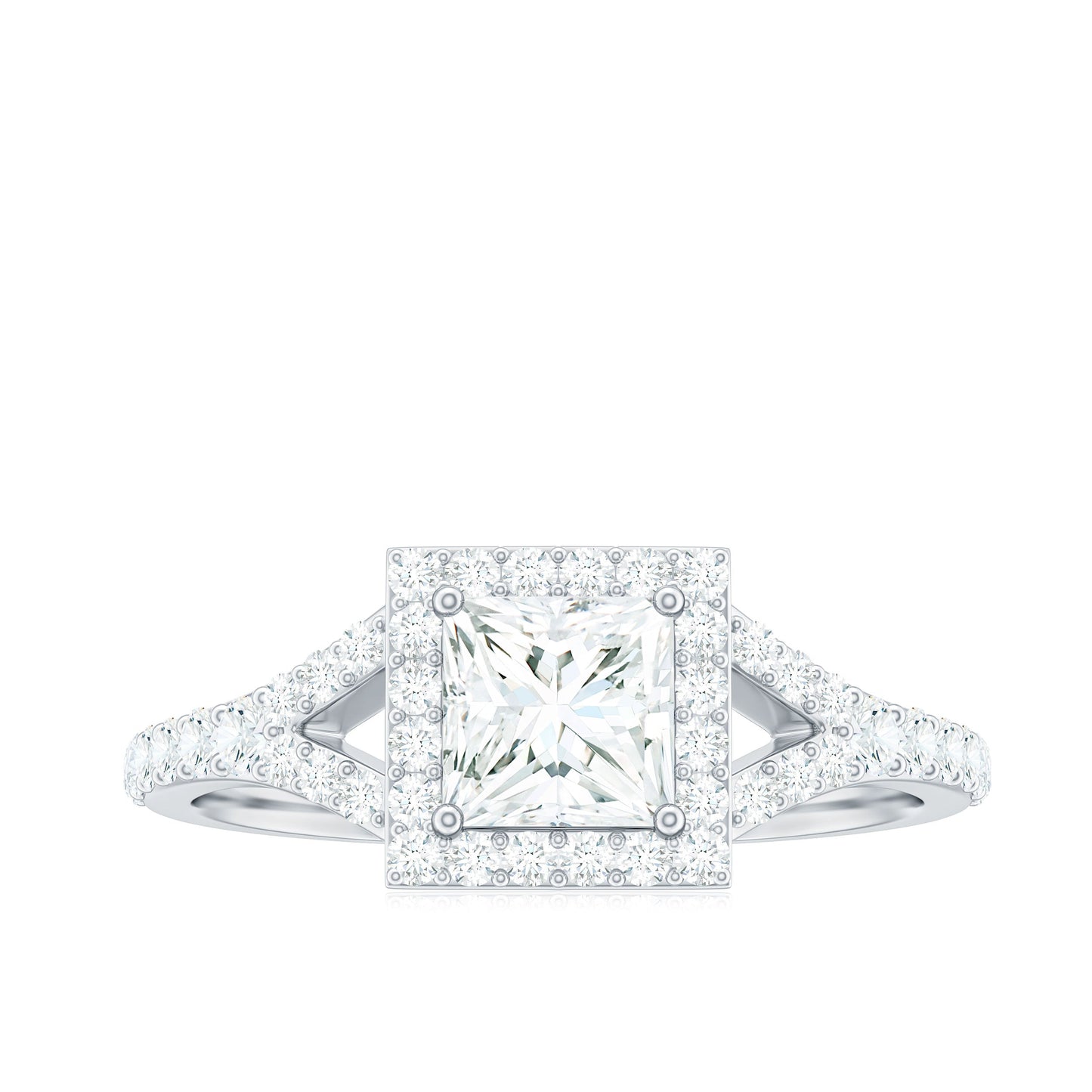 Princess Cut Moissanite Halo Engagement Ring with Split Band
