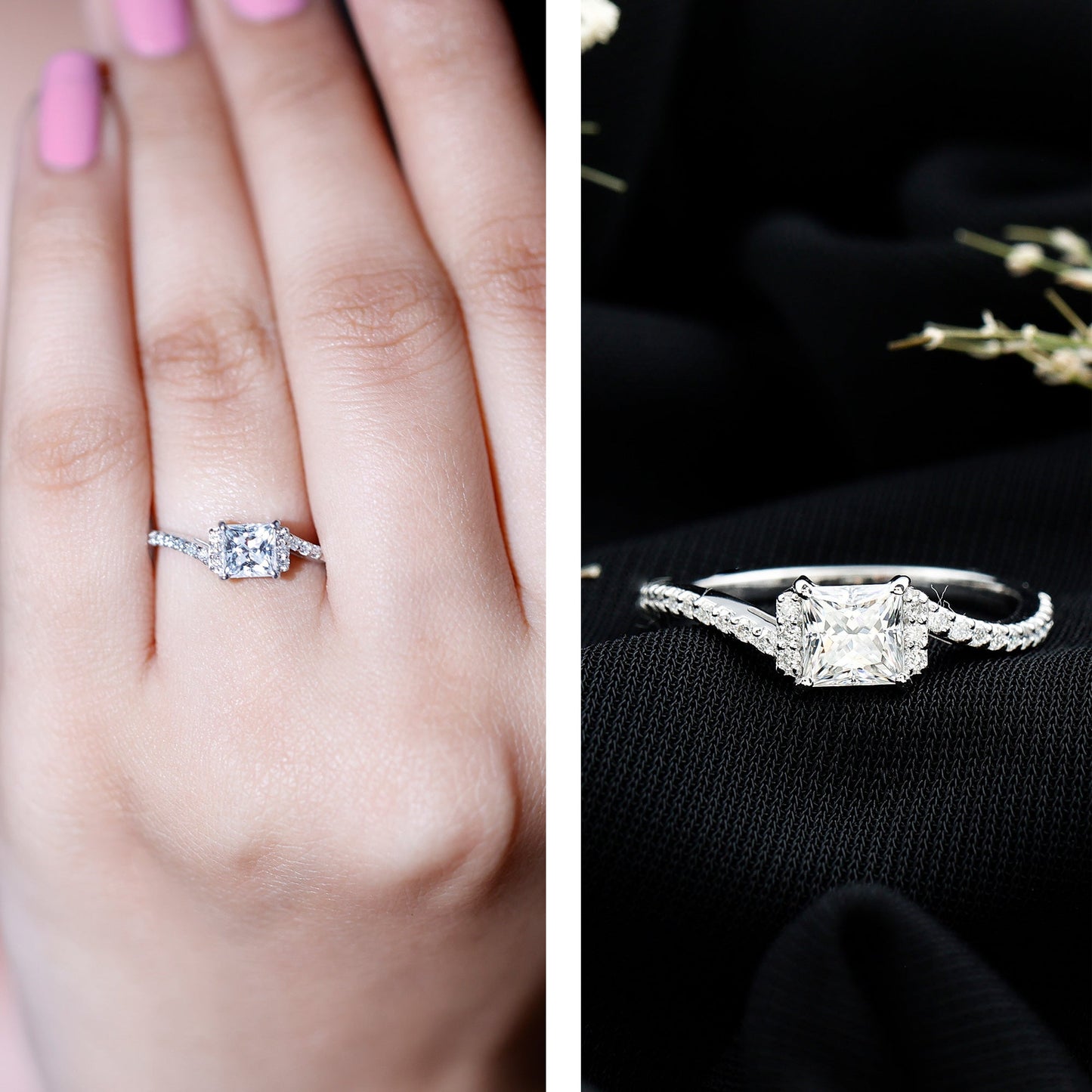 Princess Cut Moissanite Bypass Engagement Ring for Women
