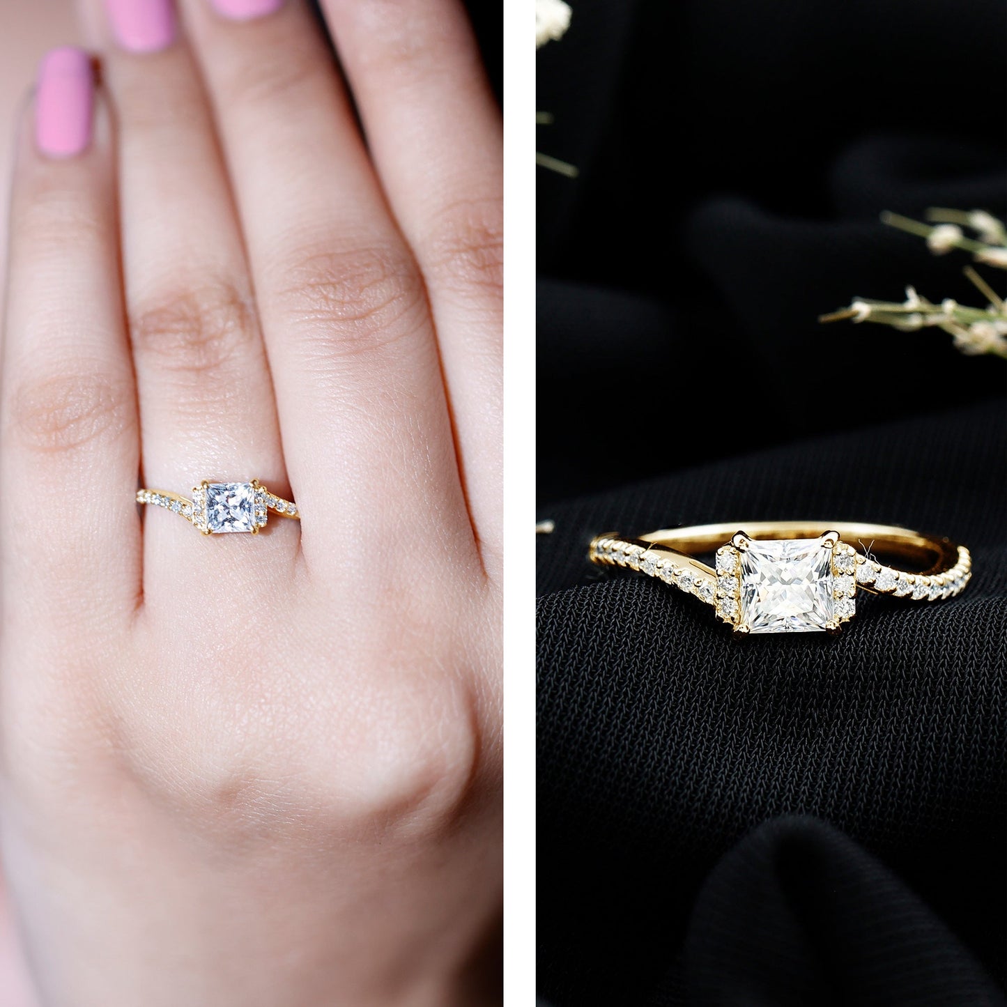 Princess Cut Moissanite Bypass Engagement Ring for Women