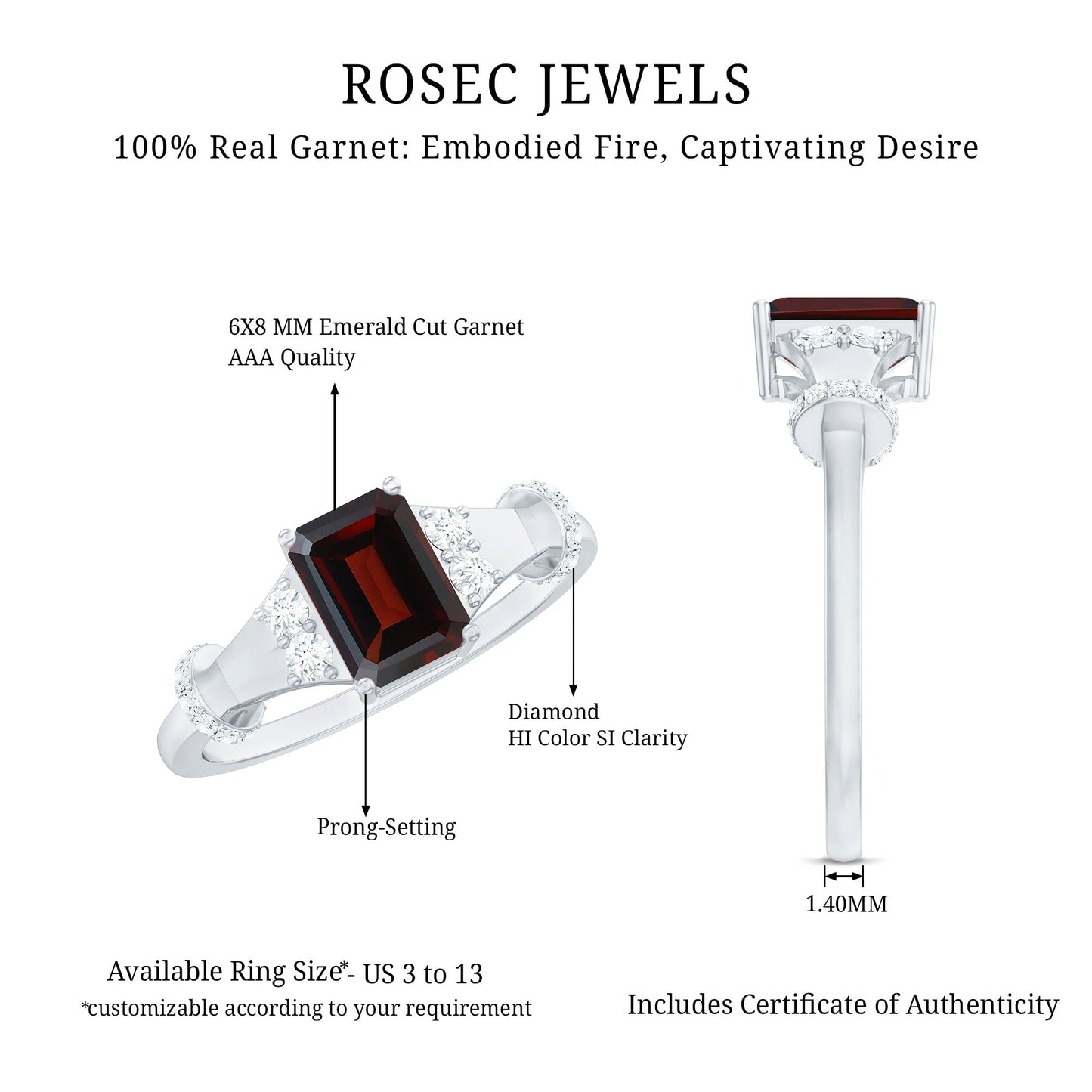 Real 2 Carat Garnet Designer Engagement Ring with Diamond