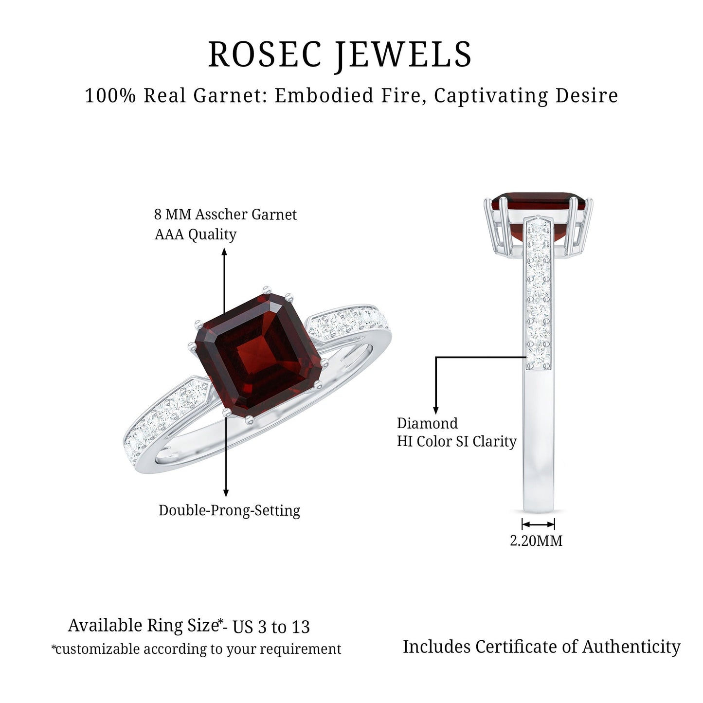 Natural Garnet 3.3 Carat Asscher Cut Engagement Ring with Diamond