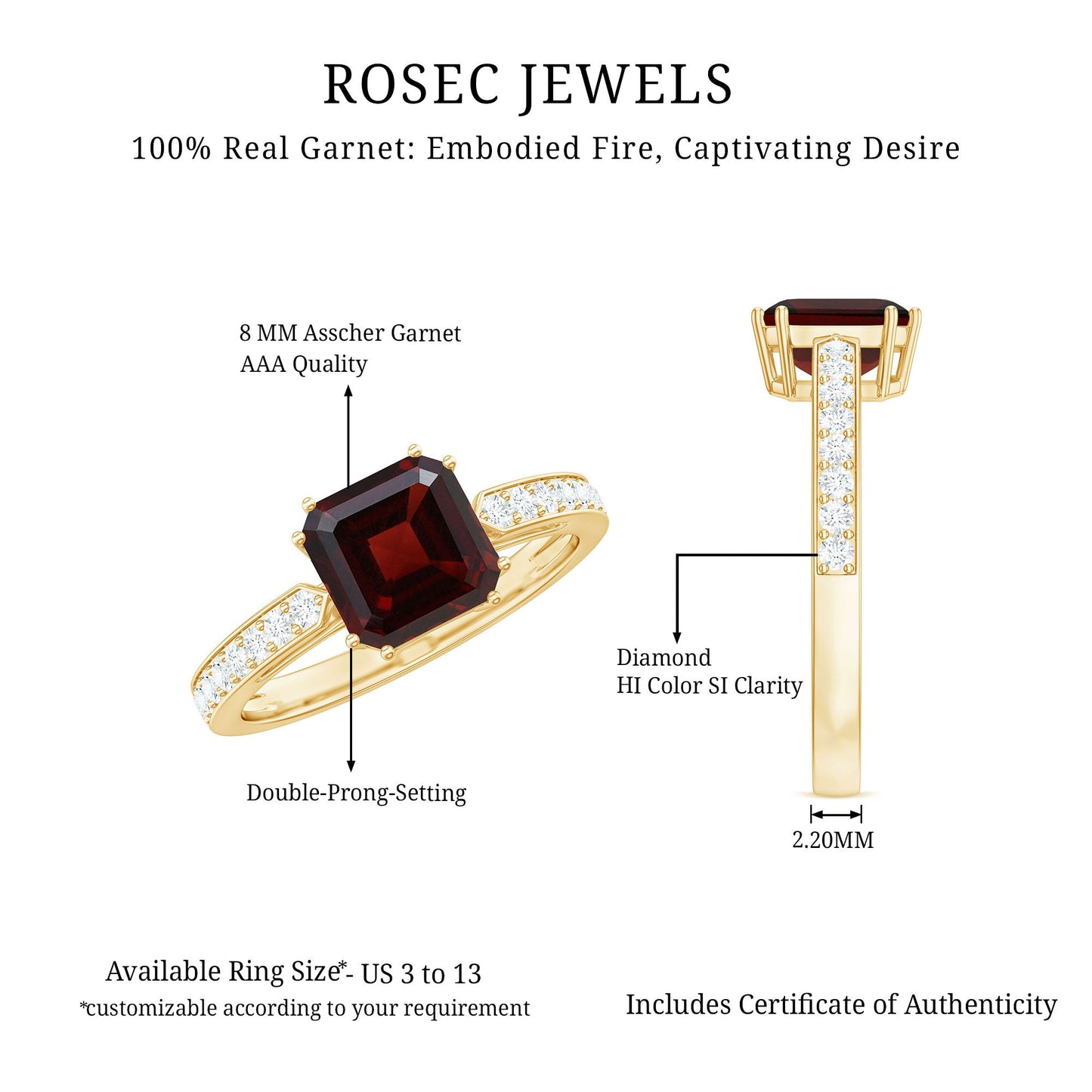 Natural Garnet 3.3 Carat Asscher Cut Engagement Ring with Diamond