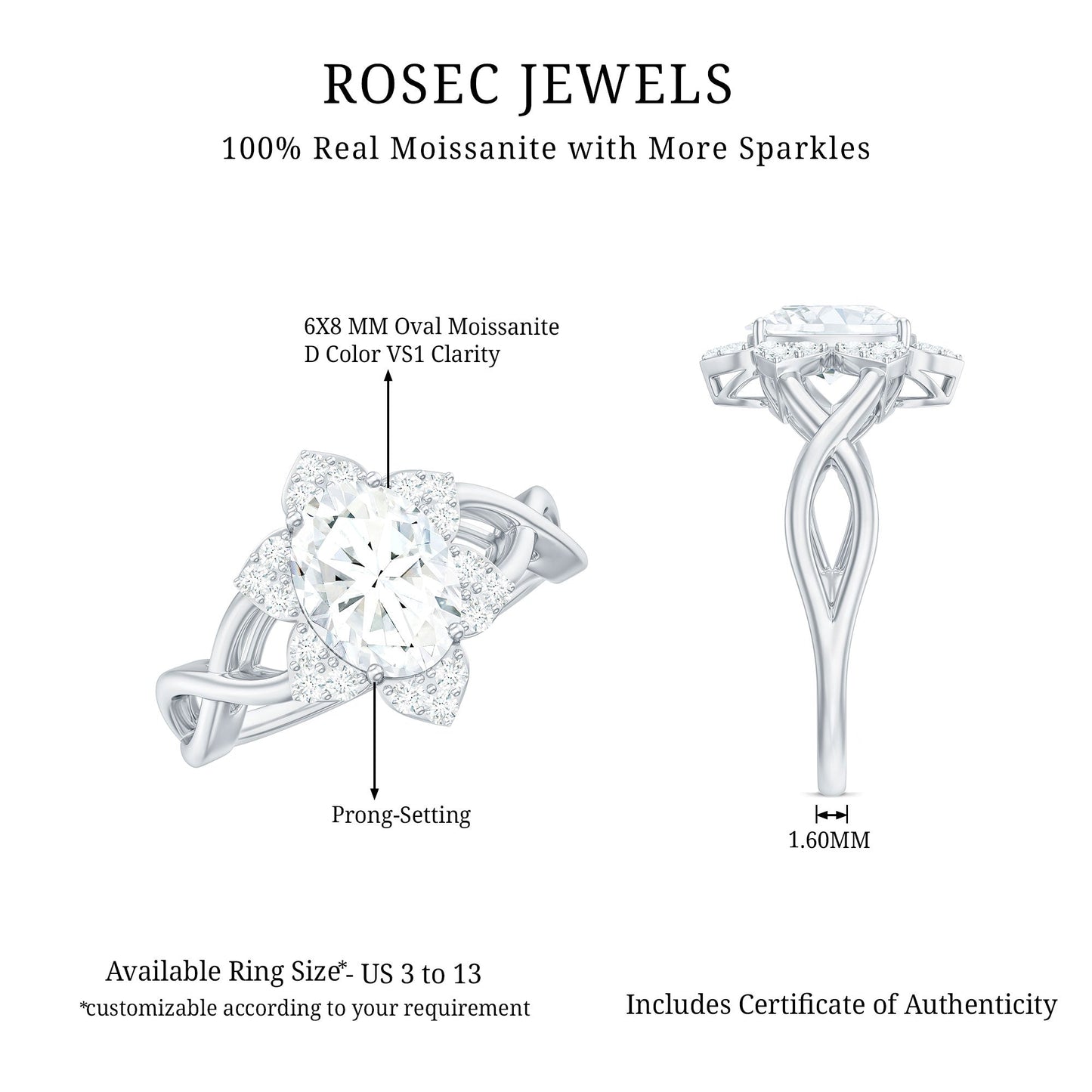 Certified Moissanite Flower Halo Engagement Ring with Criss Cross Band