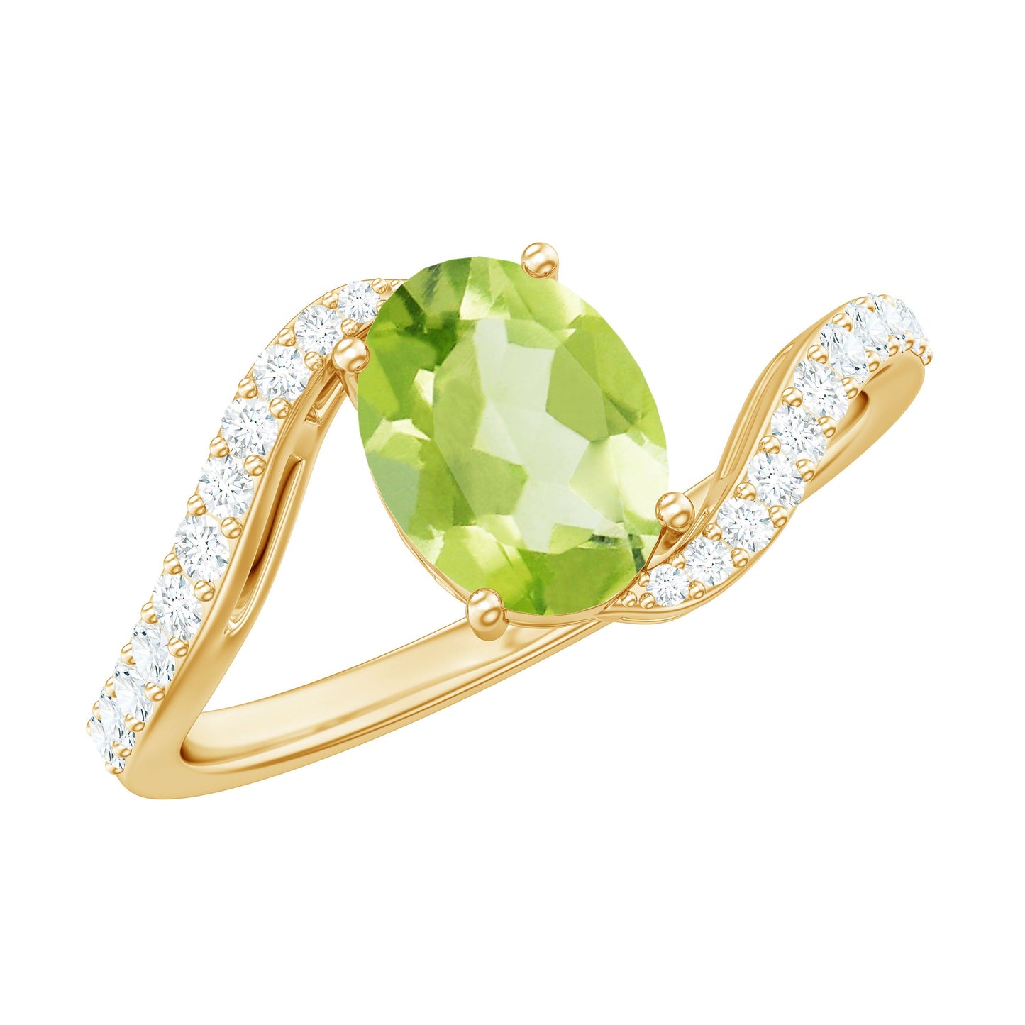 Natural 1 Carat Oval Peridot Engagement Ring with Diamond Bypass Shank