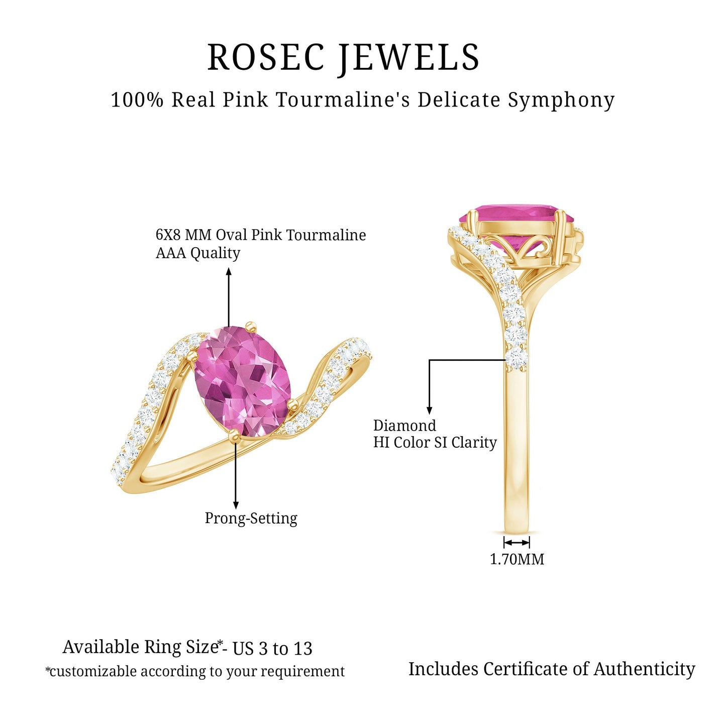 Natural Pink Tourmaline Solitaire Bypass Ring with Diamond