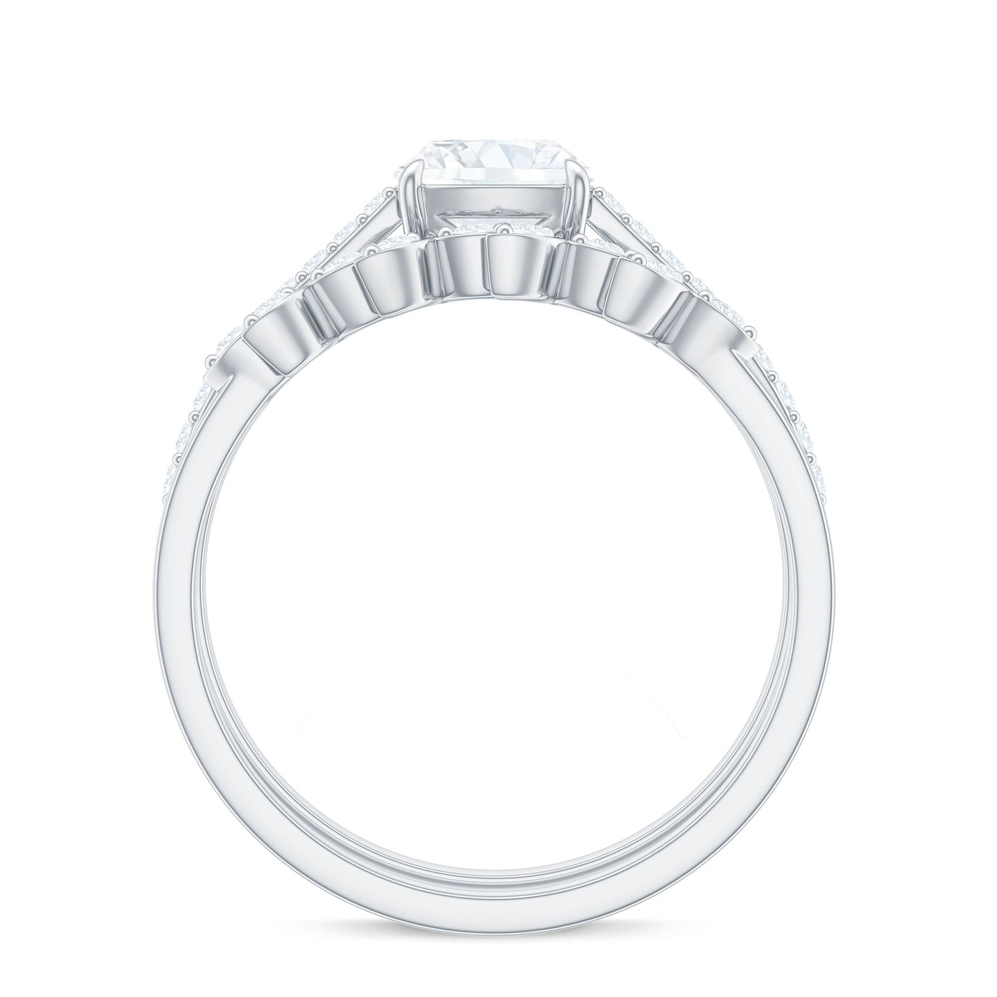 Claw Set Cushion Cut Moissanite Engagement Ring with Leaf Wedding Band