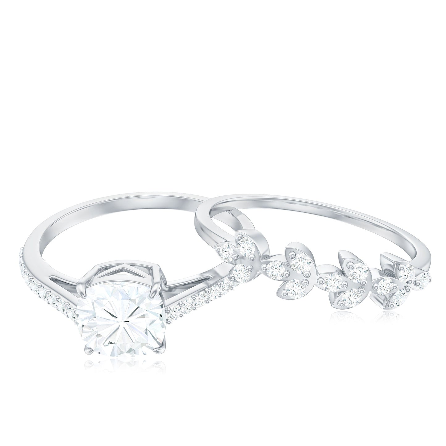 Claw Set Cushion Cut Moissanite Engagement Ring with Leaf Wedding Band