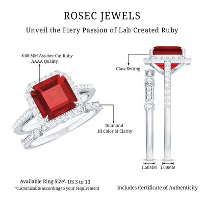 Lab Grown Ruby and Diamond Asscher Cut Engagement Ring With Enhancer