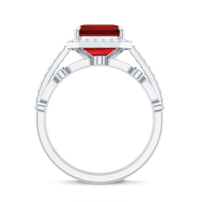 Lab Grown Ruby and Diamond Asscher Cut Engagement Ring With Enhancer