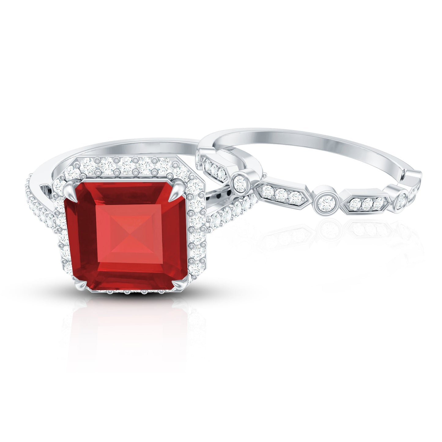 Lab Grown Ruby and Diamond Asscher Cut Engagement Ring With Enhancer