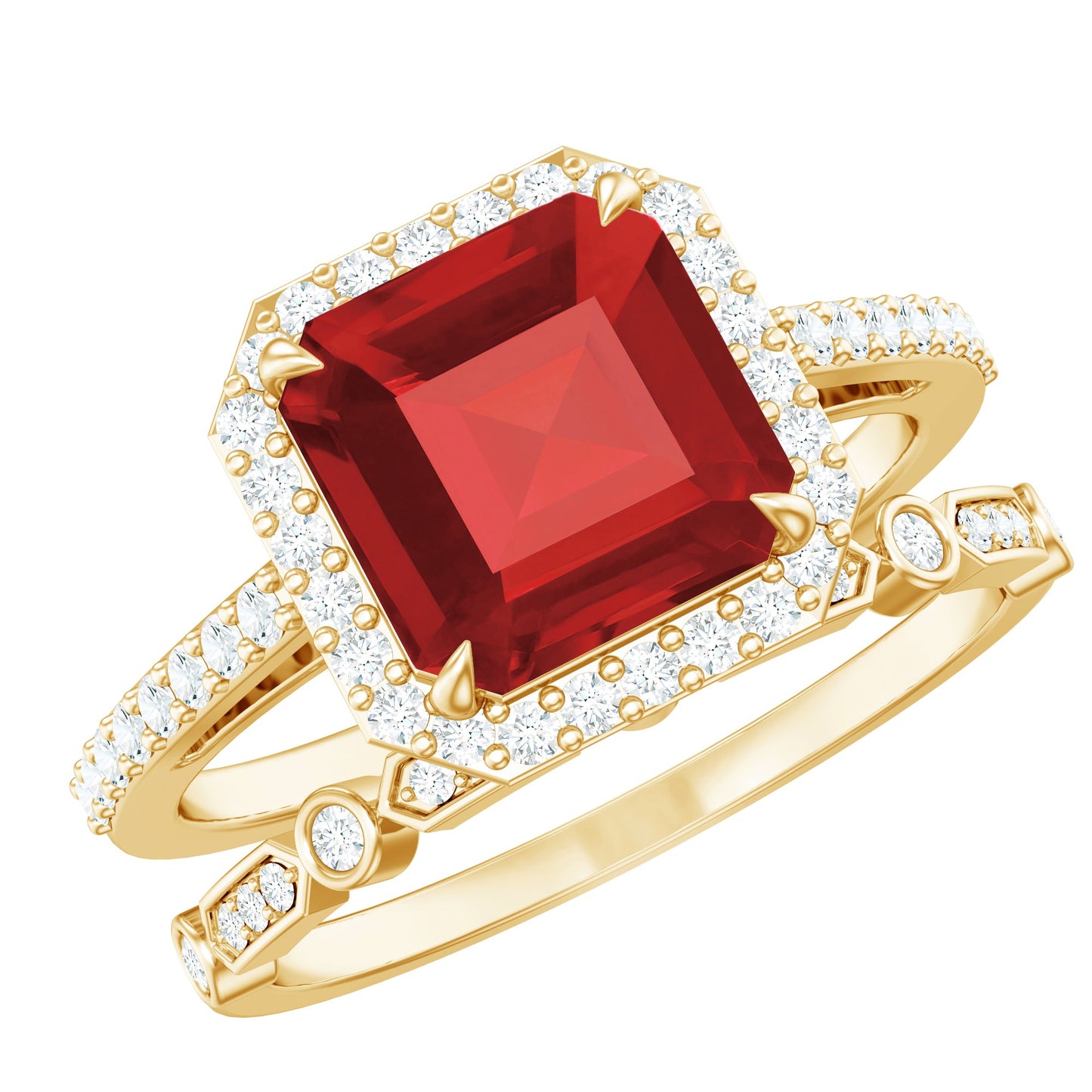 Lab Grown Ruby and Diamond Asscher Cut Engagement Ring With Enhancer