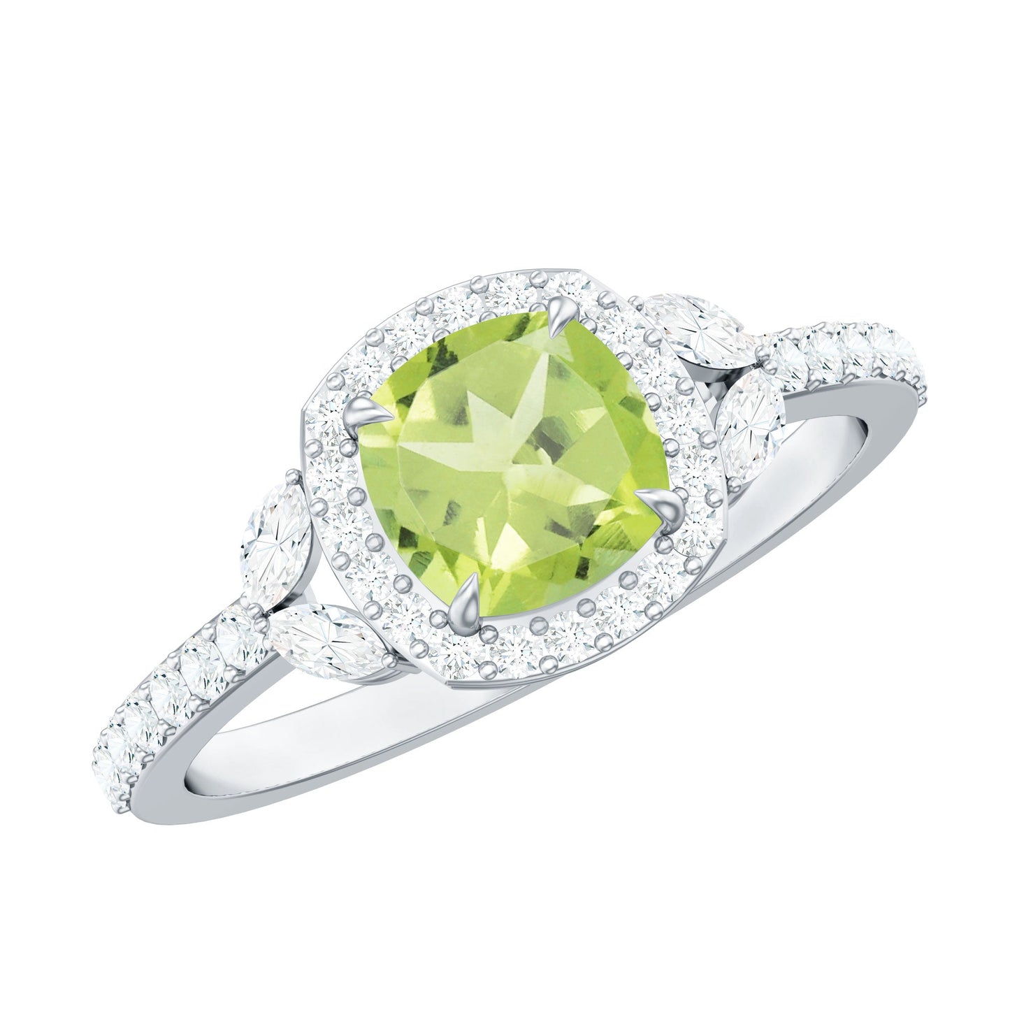 Natural 2 Carat Peridot Cushion Cut Engagement Ring with Diamond Halo