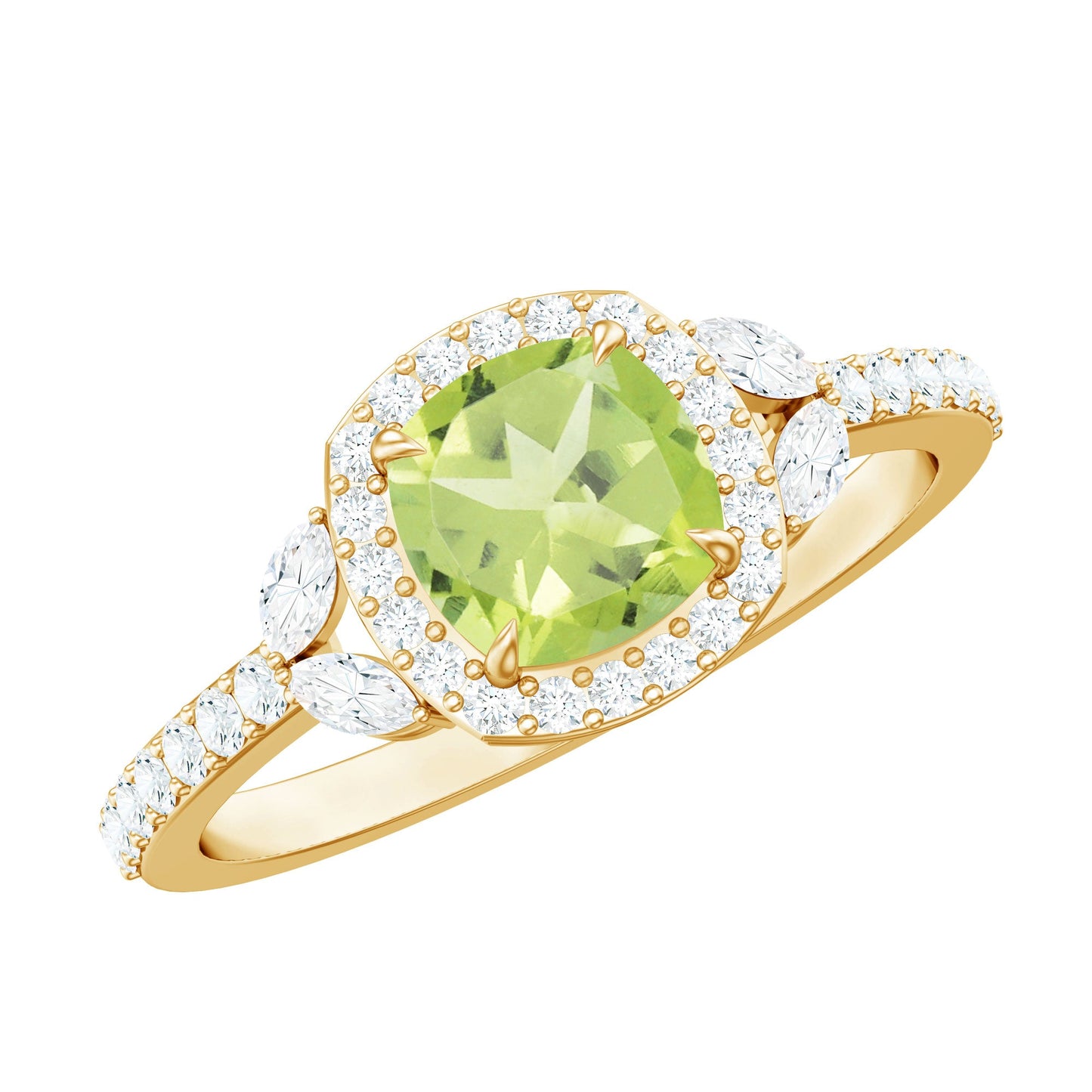 Natural 2 Carat Peridot Cushion Cut Engagement Ring with Diamond Halo