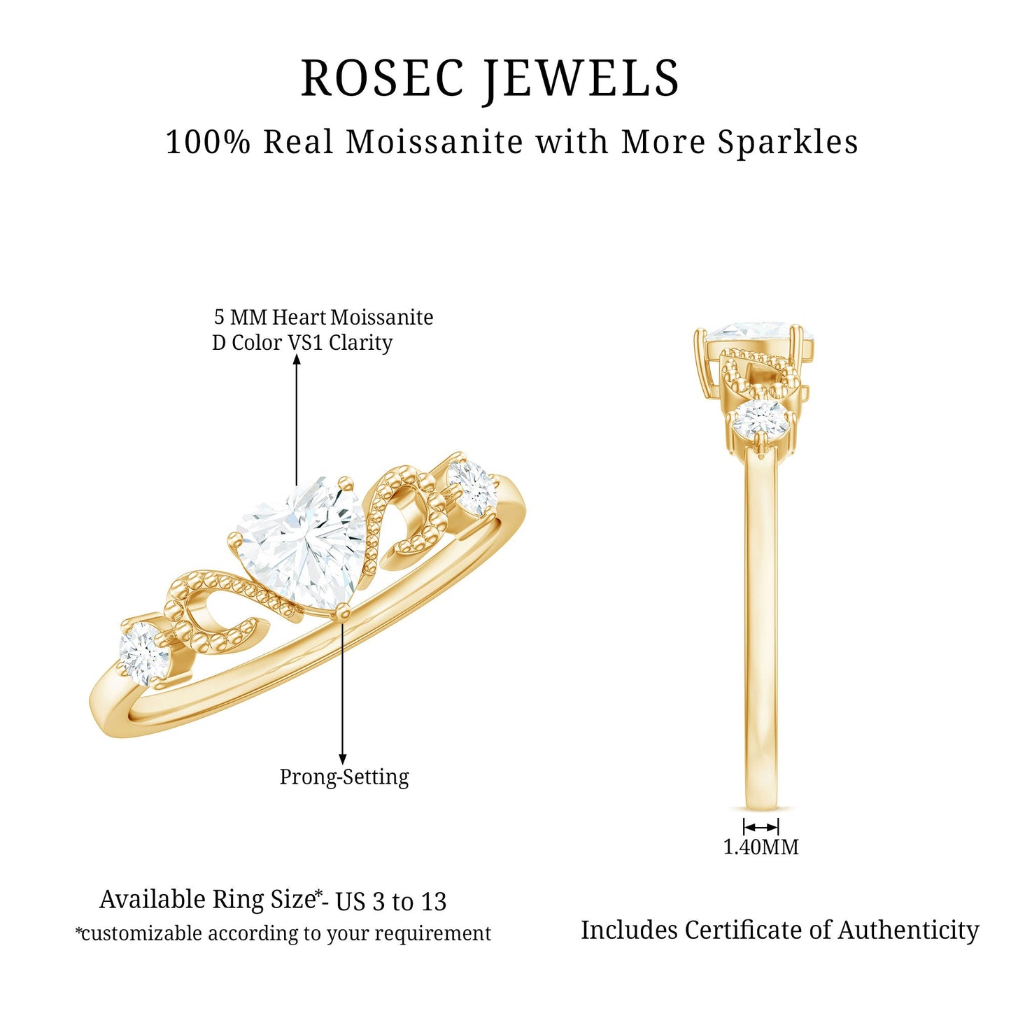 Certified Moissanite Heart Promise Ring with Beaded Detail