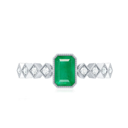 Vintage Looking Emerald Cut Emerald Engagement Ring with Diamond