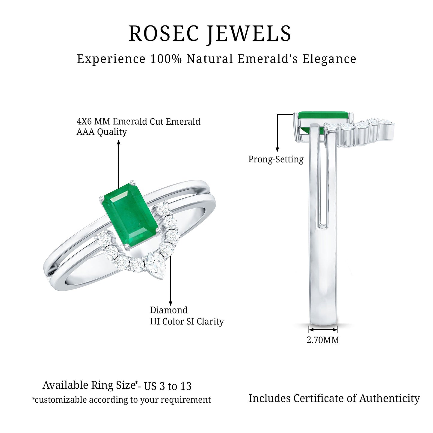 Natural Emerald Cut Emerald Double Band Engagement Ring with Diamond
