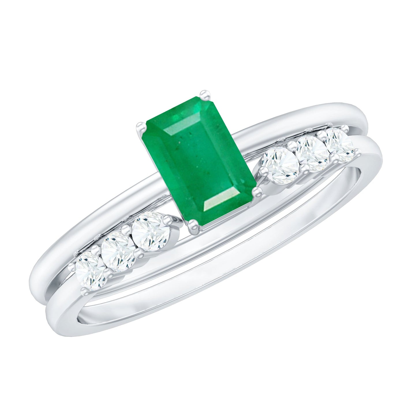Natural 0.6 Carat Emerald Cut Emerald Diamond Engagement Wedding Ring Set of 2