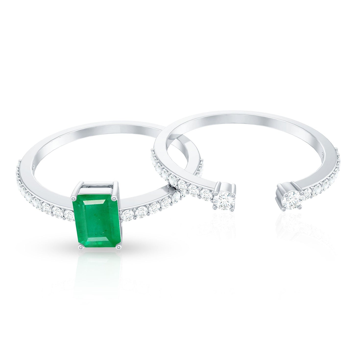 Genuine Emerald Diamond Emerald Cut Engagement Ring and Wedding Band Set