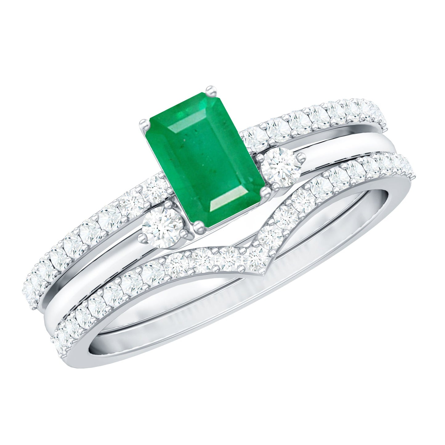 0.6 Carat Natural Emerald Cut Emerald Diamond 3 Piece Bridal Ring Set