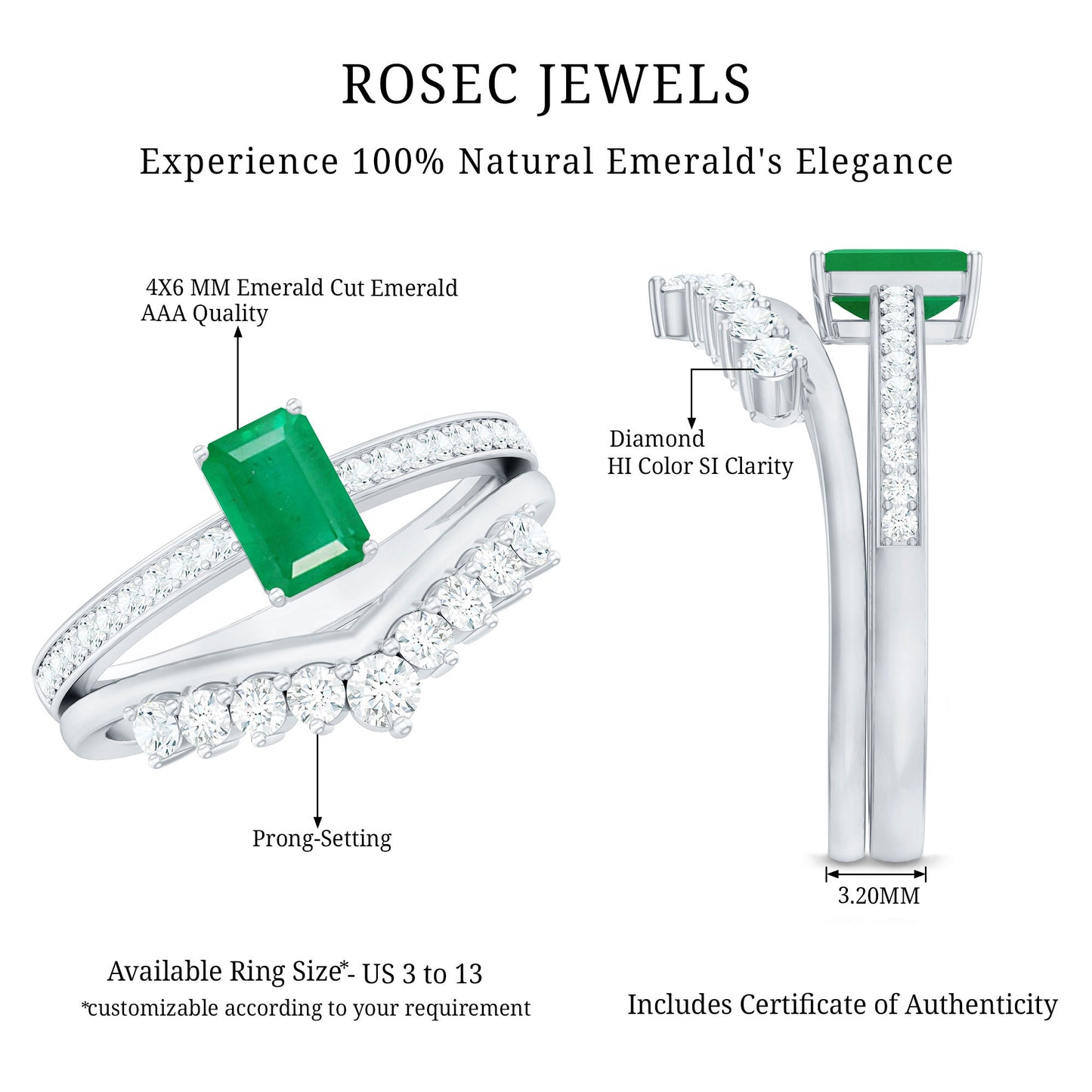 Natural Emerald Diamond Emerald Cut Engagement Ring with Curved Wedding Band