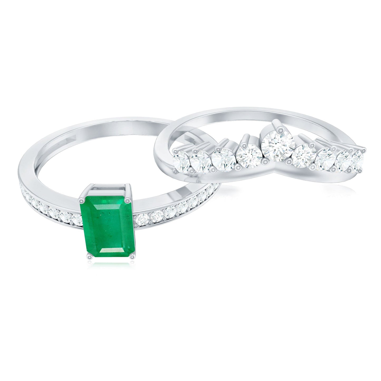 Natural Emerald Diamond Emerald Cut Engagement Ring with Curved Wedding Band