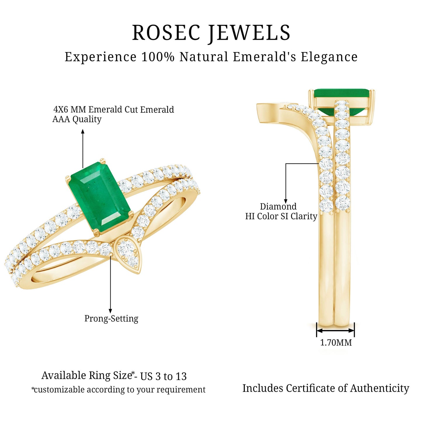 Certified Natural Emerald Diamond Emerald Cut Engagement Ring Wedding Band Set