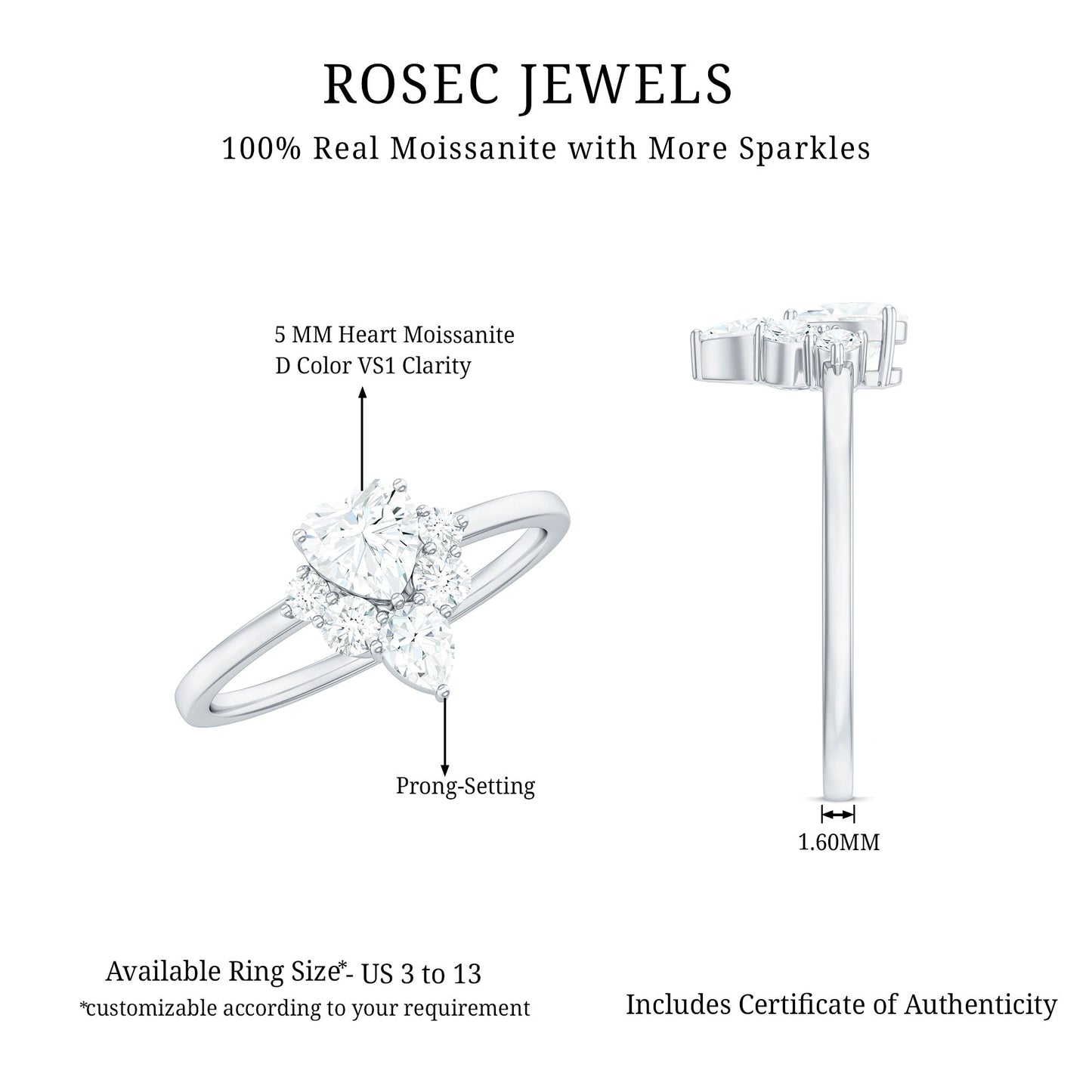 Certified Moissanite Heart Promise Ring with Accent