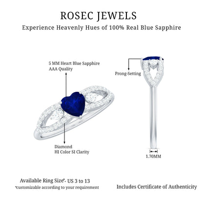Real 0.6 Carat Blue Sapphire and Diamond Heart Promise Ring with Split Shank