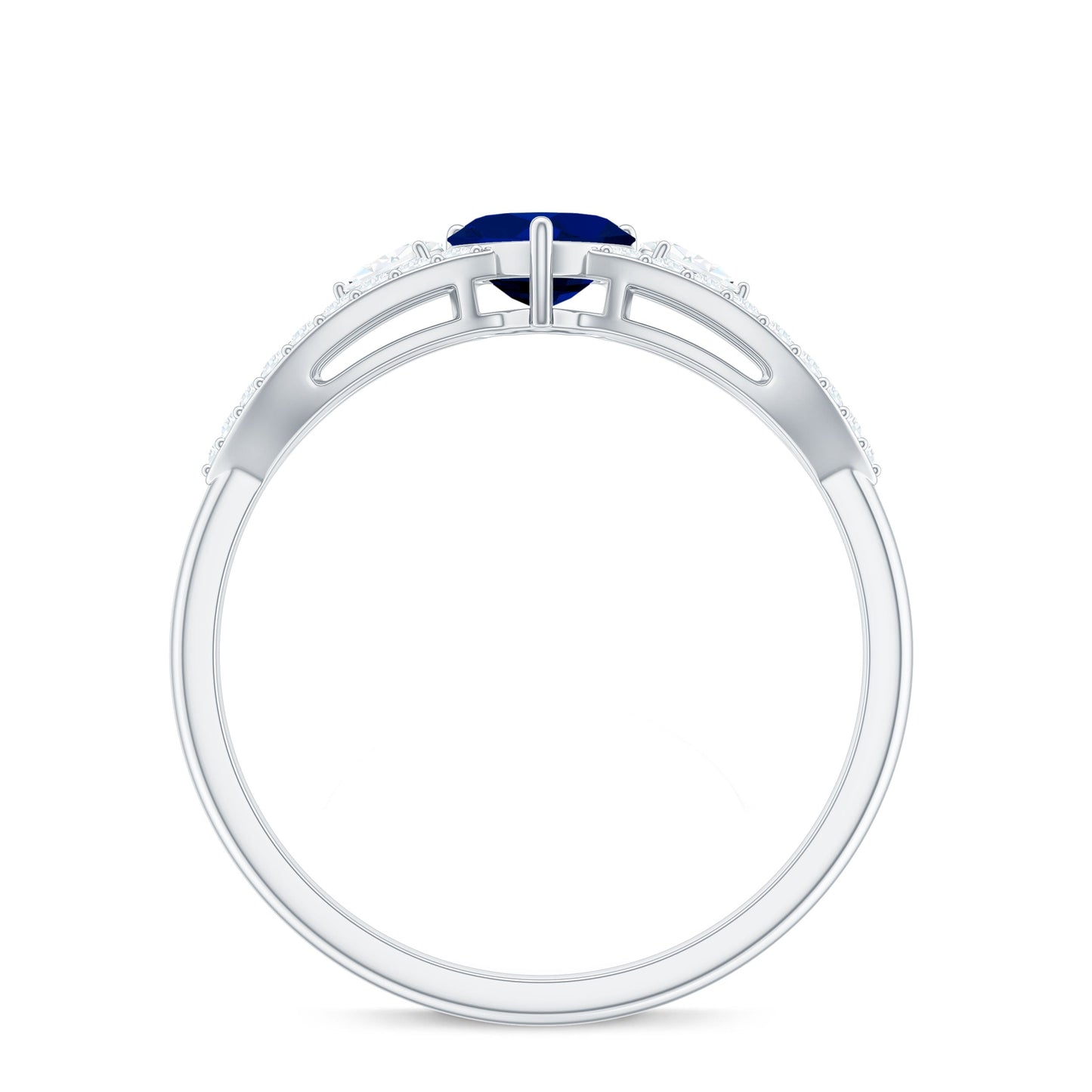 Real 0.6 Carat Blue Sapphire and Diamond Heart Promise Ring with Split Shank