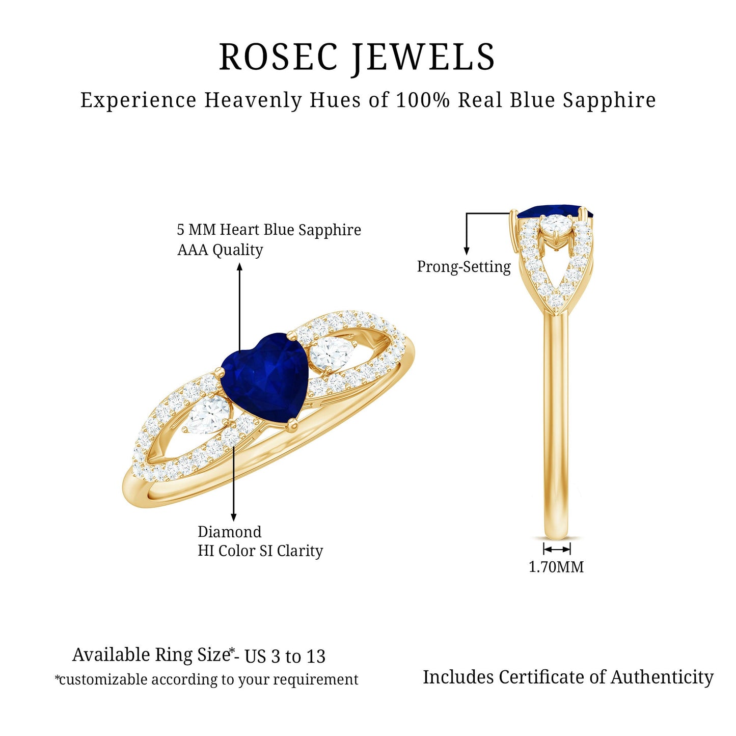 Real 0.6 Carat Blue Sapphire and Diamond Heart Promise Ring with Split Shank