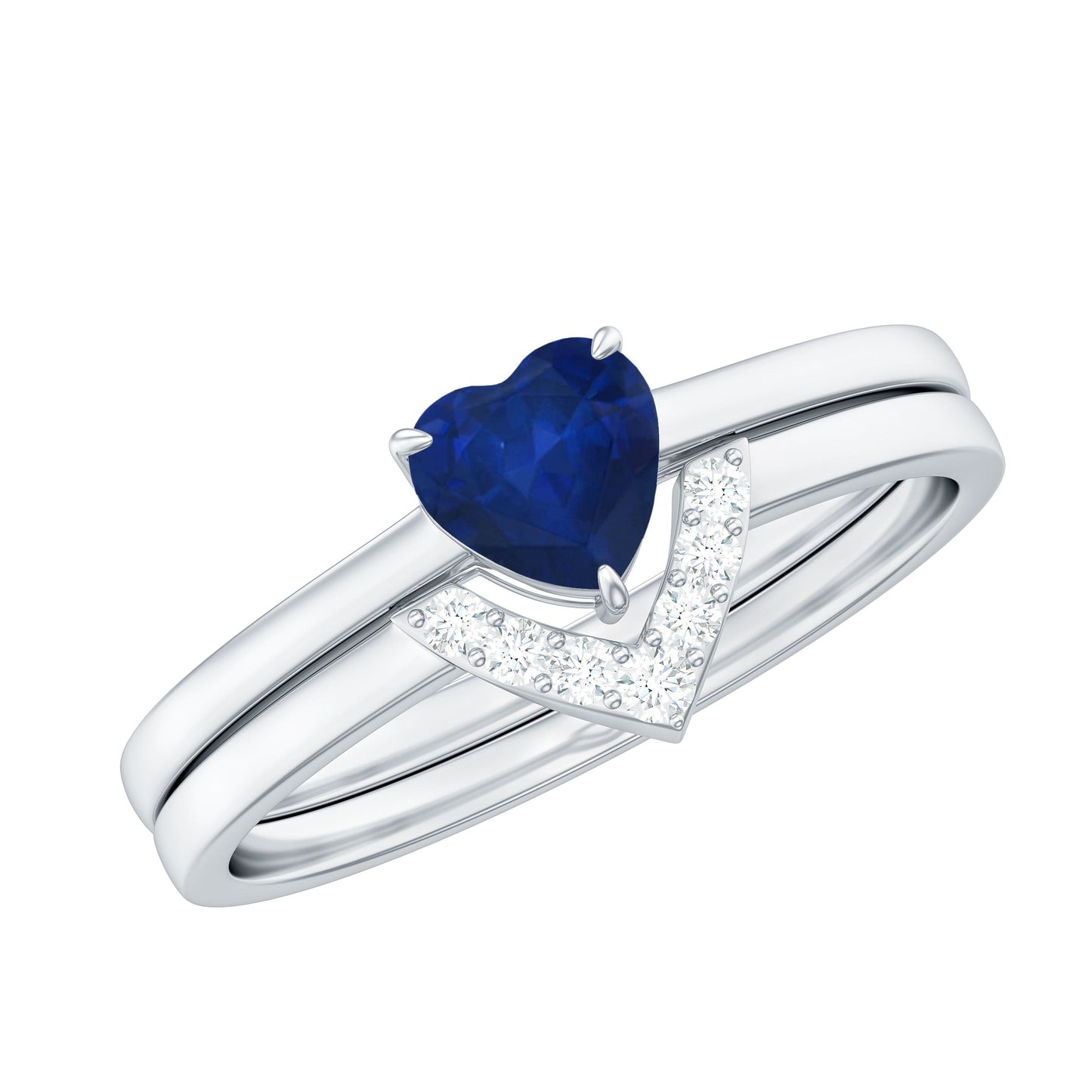 0.6 Carat Heart Shape Blue Sapphire Solitaire Ring Set with Diamond Chevron Band