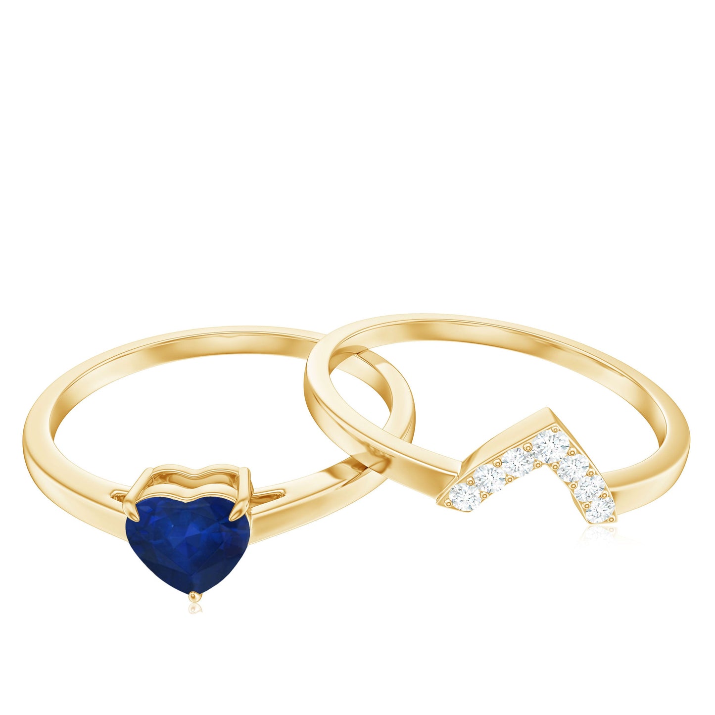 0.6 Carat Heart Shape Blue Sapphire Solitaire Ring Set with Diamond Chevron Band