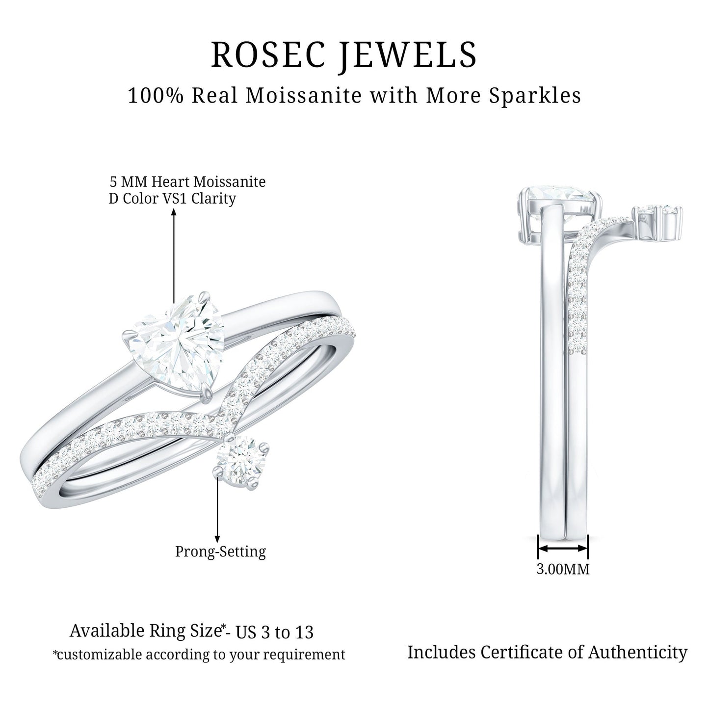 Heart Shape Moissanite Solitaire Engagement Ring with Enhancer