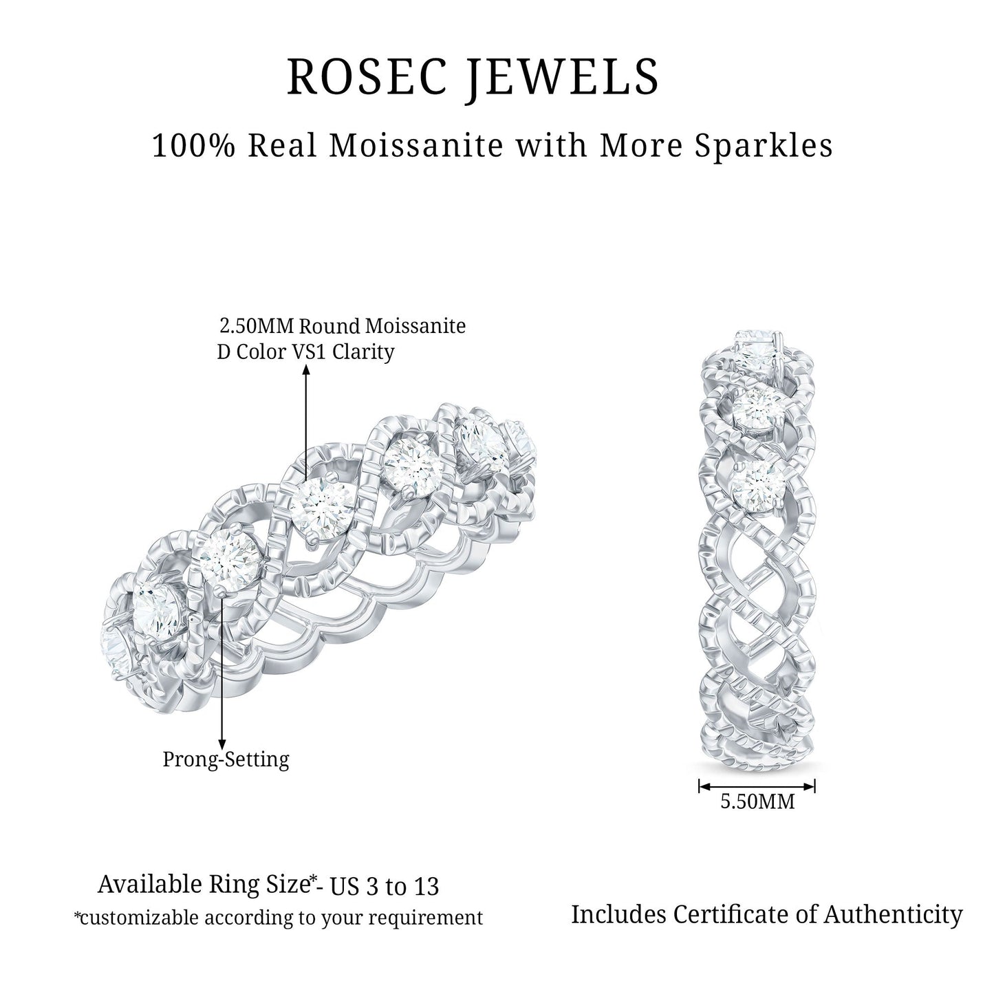 Round Moissanite Twisted Half Eternity Wedding Band
