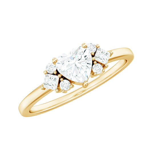 Heart Shape Moissanite Engagement Ring with Cluster Stones