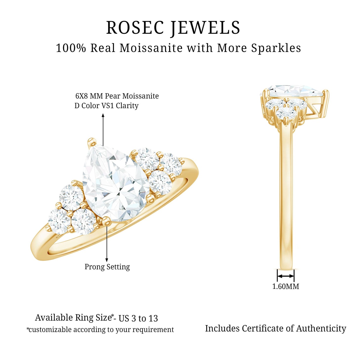 Certified 1.3 Carat Moissanite Pear Engagement Ring with Trio