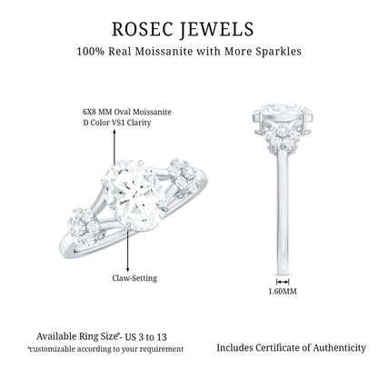Oval Cut Moissanite Flower Engagement Ring in Split Shank