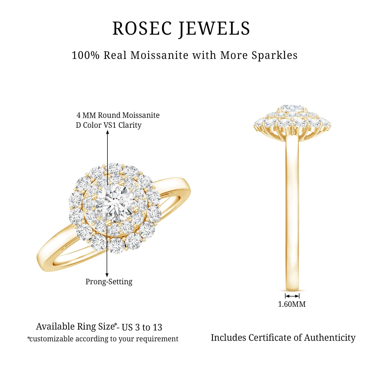 Certified Round Moissanite Double Halo Engagement Ring