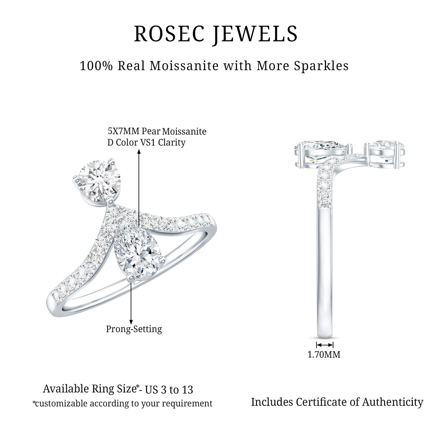 Pear and Round Cut Moissanite Toi et Moi Engagement Ring