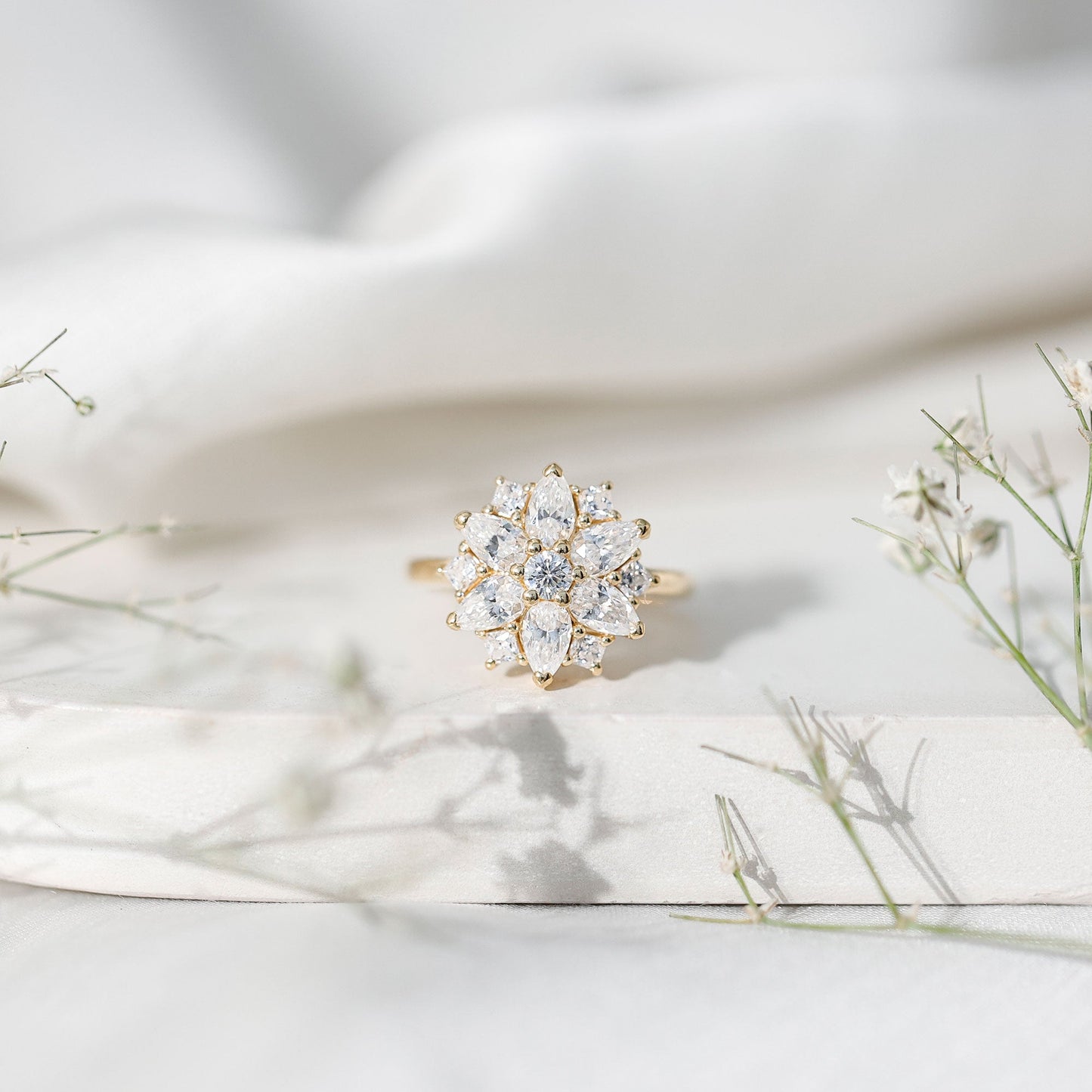 Womens Moissanite Flower Engagement Ring with Certificate