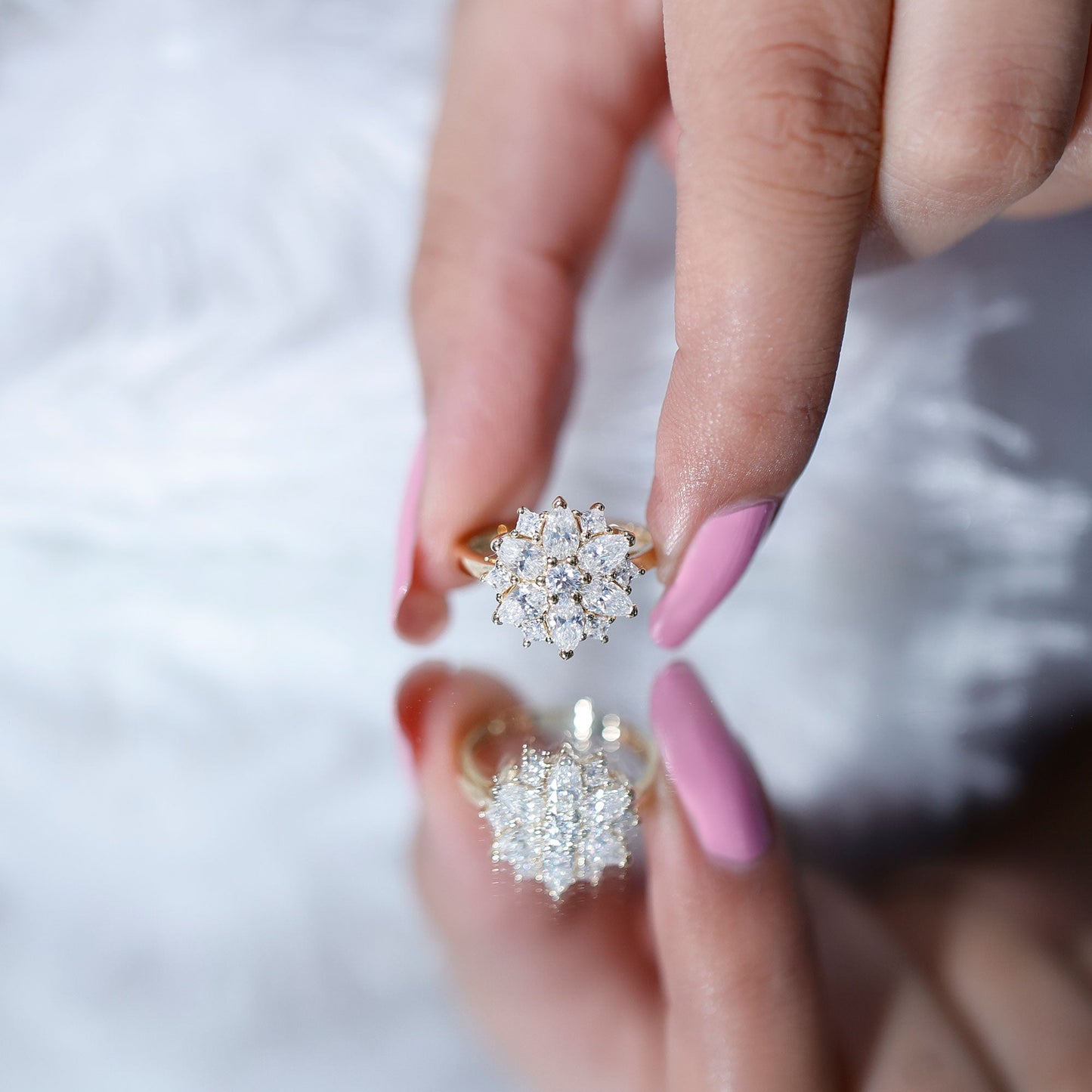 Womens Moissanite Flower Engagement Ring with Certificate