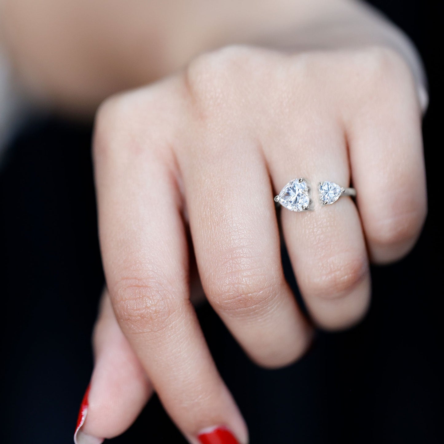 Heart Shape Moissanite Two Stone Cuff Ring
