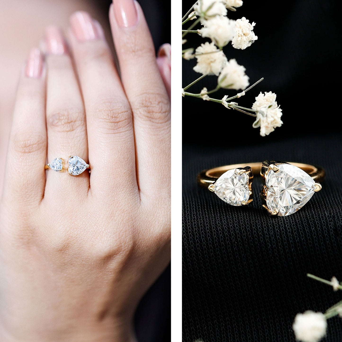 Heart Shape Moissanite Two Stone Cuff Ring
