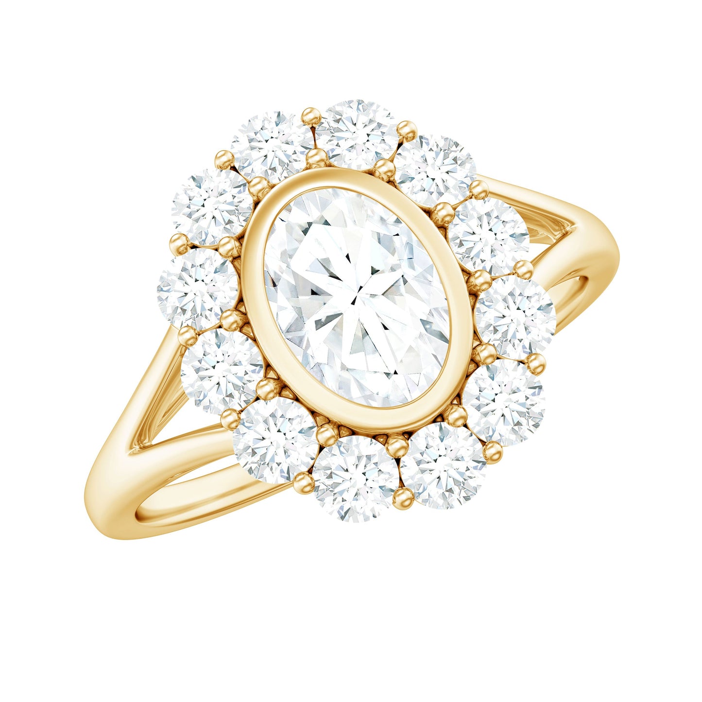 Oval Cut Moissanite Halo Engagement Ring with Split Shank