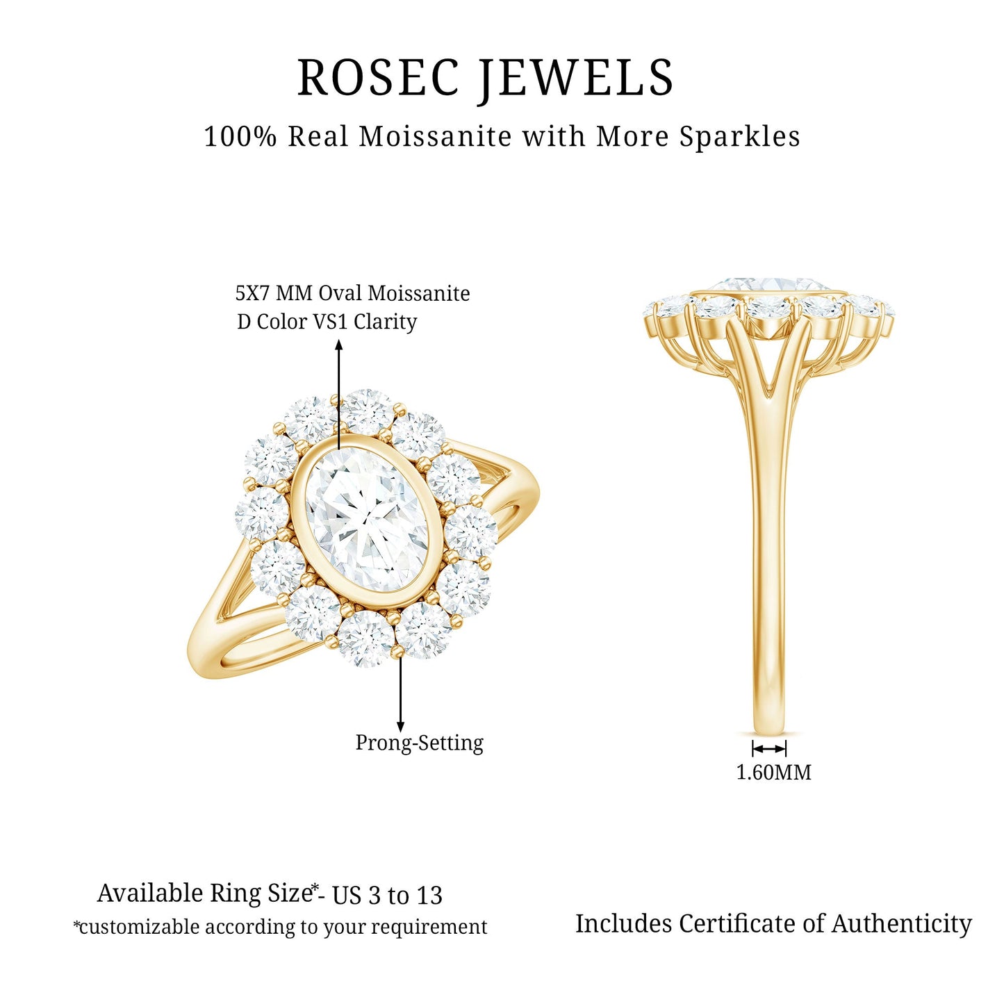 Oval Cut Moissanite Halo Engagement Ring with Split Shank