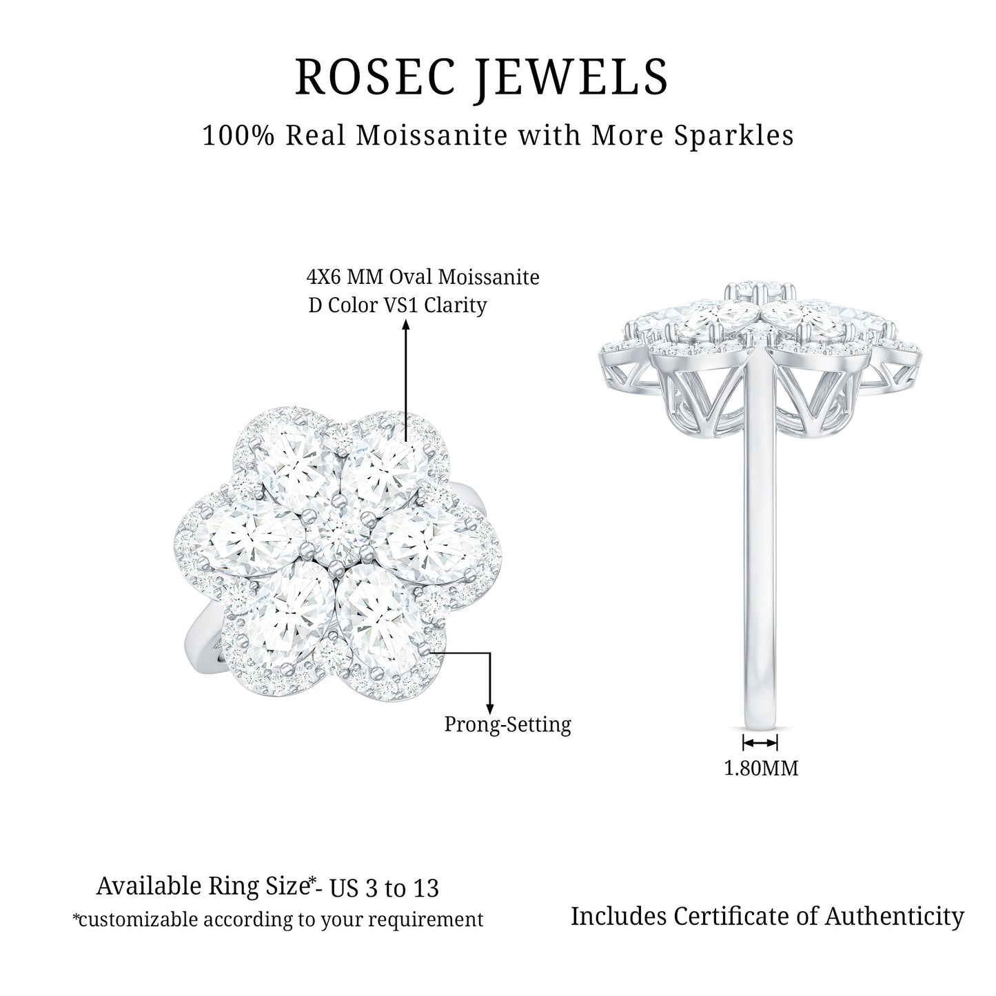 Certified Moissanite Huge Flower Engagement Ring