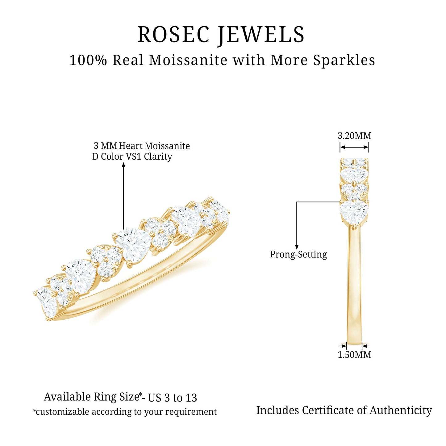Heart Shaped Moissanite Half Eternity Band Ring