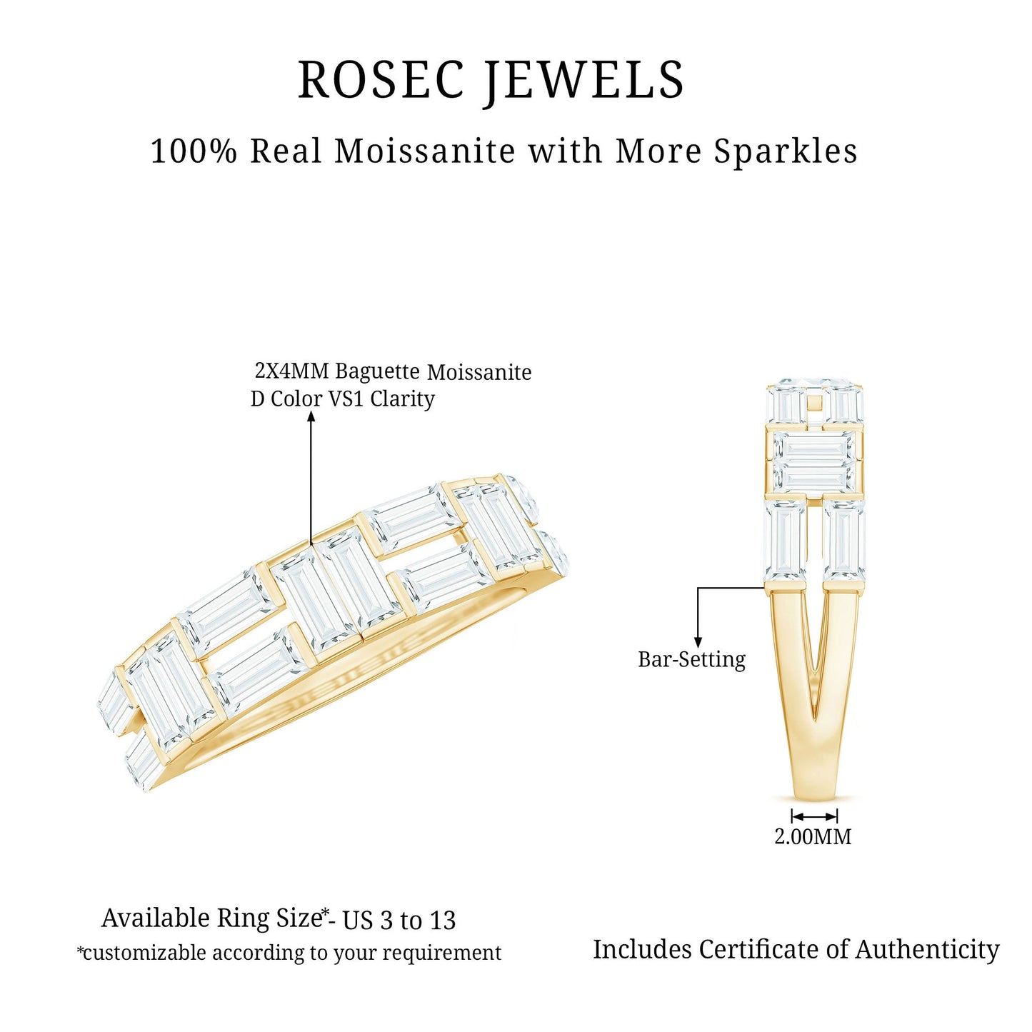 Bar Set Moissanite Baguette Wedding Band Ring